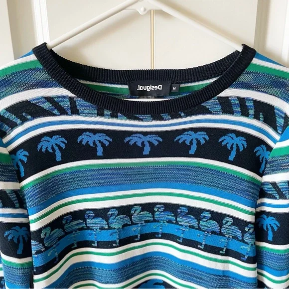 Desigual Tropical Border Flamingo Floridian Blue Black Knit Sweater Size Medium